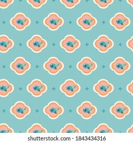 Vector geometric stylized blue floral tile pattern with berry. Seamless vector design, simple ornament and plant in pink and teal. Cutout abstract design. Perfect for paper projects, fabric and home