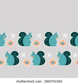 Vector geometric stylized winter squirrel kawaii border. Seamless cute scandinavian style seamless pattern with squirrel and berry on neutral grey background. Perfect for fabric, nursery and home
