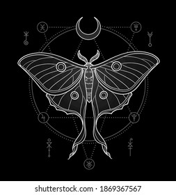 Vector geometric symbols with luna moth. Astrology, alchemy, boho and magic concept. 