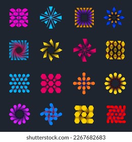 Vector geometric tag, bright frame with 3d hexagons, triangles, gradient lines, color elements on a dark background. Set of dynamic illustration with design. Flyer template for business, promotion.