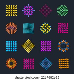 Vector geometric tag, bright frame with 3d grids, round, decorative lines, color signs on a dark background. Set of gradient illustrations, dynamic elements. Flyer template for business, promotion.