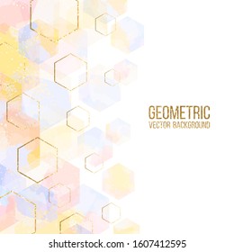 Vector geometric template illustration with gold foil outline and colorful pastel watercolor polygons on white. Modern hexagon abstract background 