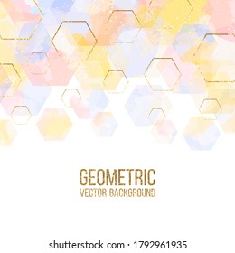 Vector geometric template illustration with gold foil outline and colorful pastel watercolor polygons on white. Modern hexagon abstract background 