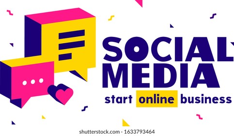 Vector geometric template with isometric golden bubble speech and word social media on white background. Flat style creative illustration design with text for web, site, banner, announcement