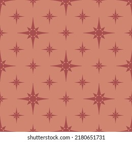 Vector geometric texture with big and small stars, diamonds, floral silhouettes. Abstract seamless pattern. Simple minimal background. Maroon and orange color. Luxury repeat design for decor, fabric