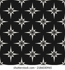 Geometrische Vektorstruktur mit großen Sternen, Diamanten, Blütensilhouetten. Abstraktes, nahtloses Schwarzweiß-Muster. Einfach einfarbiger Hintergrund. Elegantes, dunkles Geo-Design für Dekoration, Druck, Abdeckung