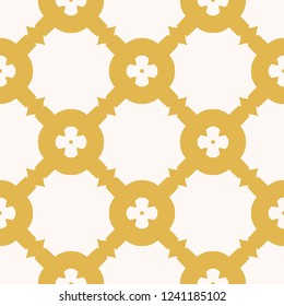 Vector geometric texture with floral grid. Abstract seamless pattern with mesh, lattice, circles, flower silhouettes, repeat tiles. Yellow and white ornamental background. Design for decor, textile