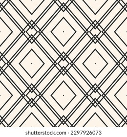 Vector geometric texture with linear grid, lattice, diamonds, lines, rhombuses. Abstract modern seamless pattern. Black and white background. Subtle minimal ornament. Repeat monochrome geo design