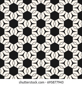 Vector geometric texture. Modern seamless pattern with simple shapes, hexagons, rhombuses, triangles. Abstract geometrical floral ornament. Repeat monochrome background. Design for decor, package