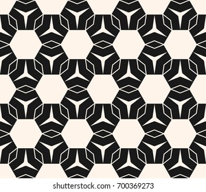 Vector geometric texture. Modern seamless pattern with simple shapes, hexagons, rhombuses, triangles, thin lines. Abstract monochrome background, repeat tiles. Ornamental design for decor, fabric, web