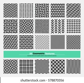 Vector geometric texture pack of 20 abstract geometry pattern background. Modern minimalistic clean design with seamless shapes and form collection for branding, presentation, web, print, decoration.