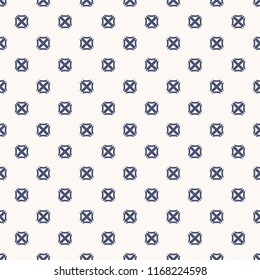 Vector geometric texture with small cross shapes, squares. Abstract minimalist seamless pattern. Navy blue and white background. Modern minimal repeat design for decor, fabric, wallpapers, textile