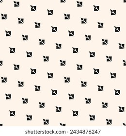 Vector geometric texture with small shapes, simple flower silhouettes, feathers in diagonal grid. Abstract minimal seamless pattern. Minimalist monochrome background. Repeat black and white design