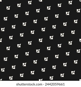 Vector geometric texture with small shapes, simple flower silhouettes, feathers in diagonal grid. Abstract black and white seamless pattern. Minimalist monochrome background. Repeating dark design