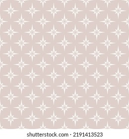 Vector geometric texture with small stars, diamonds, floral silhouettes. Subtle abstract beige and white seamless pattern. Simple minimal background. Elegant repeat geo design for decor, print, cover