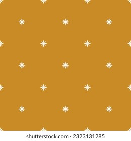 Vector geometric texture with small stars, sun silhouettes, tiny diamond shapes. Abstract minimalist seamless pattern. Simple minimal cute background. Yellow mustard color. Repeat decorative design