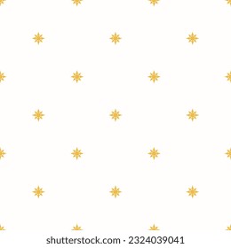 Vector geometric texture with small stars, yellow sun silhouettes, diamond shapes. Abstract minimalist seamless pattern. Simple minimal cute background. Repeat design for decor, textile, wrapping