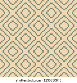 Vector geometric traditional ethnic ornament. Fair isle seamless pattern. Folk motif. Simple texture design with small squares, crosses, rhombuses, embroidery. Green and tan colors. Repeat background