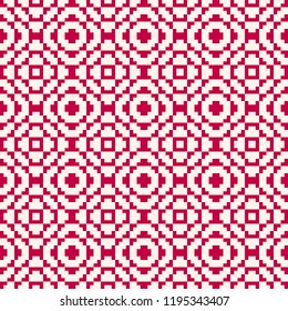 Vector geometric traditional folk ornament. Fair isle seamless pattern. Tribal ethnic motif. Nordic ornamental texture with squares, crosses, embroidery, knitting. Red and white repeating background