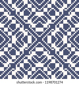 Vector geometric traditional folk ornament. Ethnic seamless pattern. Ornamental background with small squares, crosses, snowflakes, floral shapes. Texture of embroidery, knitting. Navy blue and white