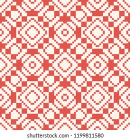 Vector geometric traditional folk ornament. Ethnic tribal seamless pattern. Ornamental background with small squares, crosses, rhombuses. Repeat texture of embroidery, knitting. Red and white colors svg