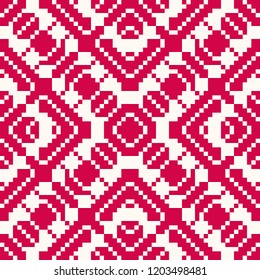 Vector geometric traditional folk ornament. Red and white seamless pattern. Ornamental background with small squares, crosses, snowflakes, flower shapes. Repeatable texture of embroidery, knitting svg