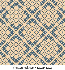 Vector geometric traditional folk ornament. Elegant blue and tan colored seamless pattern. Ornamental background with small squares, flower shapes, snowflakes. Repeat texture of embroidery, knitting