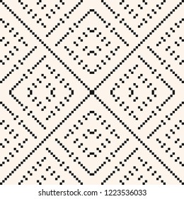 Vector geometric traditional folk ornament. Fair isle seamless pattern. Tribal ethnic motif. Simple ornamental texture with squares, crosses, embroidery, knitting. Black and white repeat background