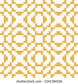 Vector geometric traditional folk ornament. Fair isle seamless pattern. Ethnic motif. Ornamental background with squares, crosses, embroidery, knitting. Yellow and beige color. Repeatable texture 