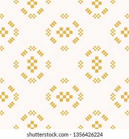 Vector geometric traditional folk ornament. Abstract seamless pattern. Ethnic motif background. Simple yellow and white texture with floral shapes, squares, crosses, embroidery, knit. Repeat design