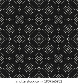 Vector geometric traditional folk ornament. Ethnic seamless pattern. Minimal ornamental background with small squares, diamonds, floral silhouettes. Black and white texture. Dark minimalist design