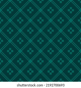 Vector geometric traditional folk ornament. Nordic scandinavian style. Winter Christmas theme. Dark green seamless pattern. Background texture with squares, crosses, snowflakes, flowers, embroidery