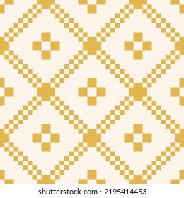 Vector geometric traditional folk ornament. Nordic scandinavian style. Winter Christmas theme. Yellow and white seamless pattern. Ornamental background with squares, crosses, snowflakes, flower shapes