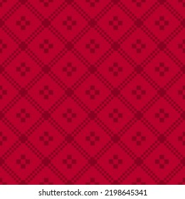 Vector geometric traditional folk ornament. Nordic scandinavian style. Winter Christmas theme. Red seamless pattern. Background texture with squares, crosses, snowflakes, flower shapes, embroidery