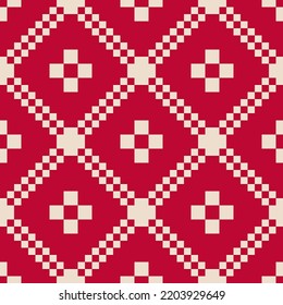 Vector geometric traditional folk ornament. Nordic scandinavian style. Winter Christmas theme. Red seamless pattern. Ornamental background with squares, crosses, snowflakes, flower shapes, embroidery