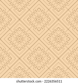 Vector geometric traditional folk ornament. Golden ethnic style seamless pattern. Gold ornamental geo background with small squares, snowflakes, floral shapes, grid. Texture of embroidery, knitting