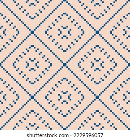 Vector geometric traditional folk ornament. Ethnic style seamless pattern. Ornamental background with small squares, snowflakes, floral shapes. Texture of embroidery, knitting. Blue and beige color