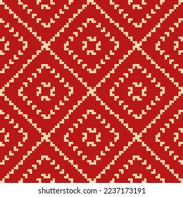 Vector geometric traditional folk ornament. Modern ethnic style seamless pattern. Ornamental geo background with floral shapes, squares, grid. Texture of embroidery, knitting. Red and beige color