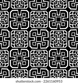Vector geometric traditional folk ornament. Ethnic seamless pattern. Minimal ornamental background with abstract shapes. Black and white texture. Dark repeat design.