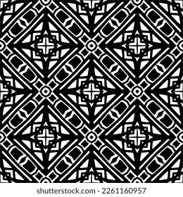 Vector geometric traditional folk ornament. Ethnic seamless pattern. Minimal ornamental background with abstract shapes. Black and white texture. Dark repeat design.