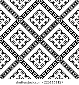 Vector geometric traditional folk ornament. Ethnic seamless pattern. Minimal ornamental background with abstract shapes. Black and white texture. Dark repeat design.