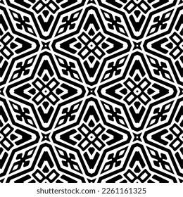 Vector geometric traditional folk ornament. Ethnic seamless pattern. Minimal ornamental background with abstract shapes. Black and white texture. Dark repeat design.
