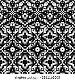 Ornamento folclórico tradicional vectorial. Patrón étnico sin fisuras. Fondo ornamental mínimo con formas abstractas. Textura en blanco y negro. Oscuro diseño repetido.