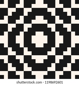 Vector geometric traditional folklore ornament. Fair isle seamless pattern. Tribal ethnic motif. Ornamental texture with square shapes, embroidery, knitting. Black and white repeatable background
