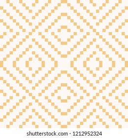 Vector geometric traditional knitted ornament. Fair isle seamless pattern. Folklore ethnic motif. Simple ornamental texture with small squares, crosses. Yellow and white background. Repeatable design