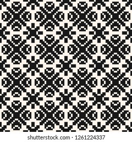 Vector geometric traditional ornament. Fair isle seamless pattern. Ethnic texture with squares, crosses, flowers, snowflakes, knitting, embroidery. Black and white repeat background. Tribal folk motif