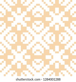 Vector geometric traditional ornament. Fair isle seamless pattern. Ethnic texture with squares, crosses, flowers, snowflakes, knitting, embroidery. Yellow and white repeated background. Folk motif