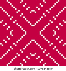 Vector geometric traditional Scandinavian ornament. Fair isle seamless pattern. Folk ethnic motif. Simple abstract minimal ornamental texture with small squares, crosses. Red and white background