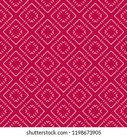 Vector geometric traditional Scandinavian ornament. Fair isle seamless pattern. Christmas background. Nordic ethnic motif. Simple abstract minimal texture with small squares, crosses. Red and white