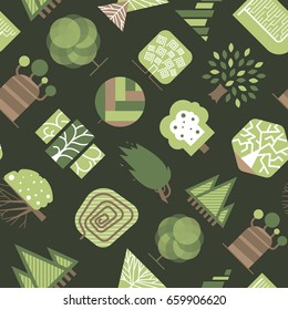 Vector geometric tree wood forest eco graphic seamless pattern background illustration.